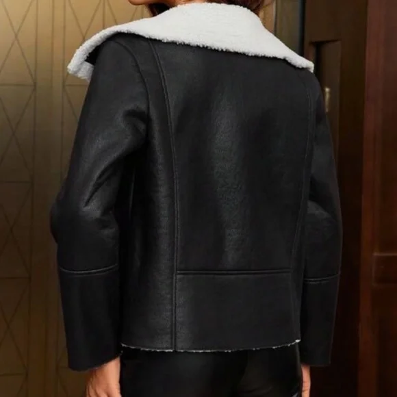 Black Vegan Leather Shearling Lined Moto Biker Jacket - Picture 4 of 5
